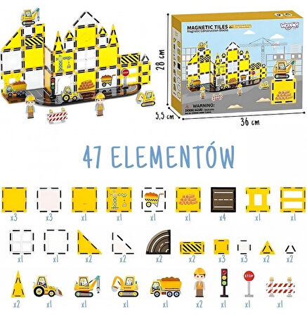 Manyetik Tiles Inşaat Şantiye Seti 47 Parça Manyetik Yapı Magnetic Bloklar