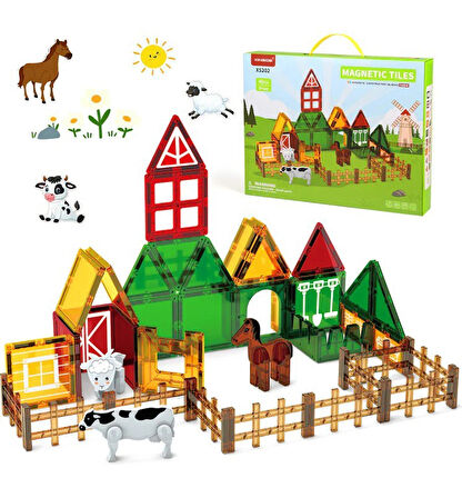 Manyetik Tiles Çiftlik Hayvanları Temalı 46 Parça Manyetik Yapı Magnetic Bloklar