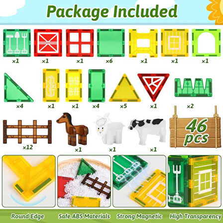 Manyetik Tiles Çiftlik Hayvanları Temalı 46 Parça Manyetik Yapı Magnetic Bloklar