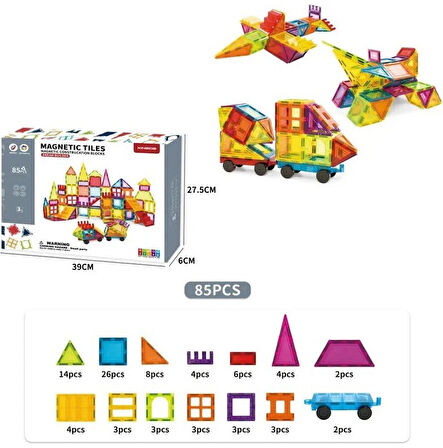 Manyetik Tiles Renkli 85 Parça Manyetik Yapı Magnetic Bloklar