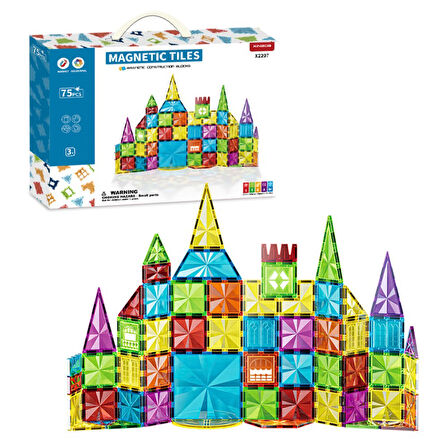 Manyetik Tiles Renkli 75 Parça Manyetik Yapı Magnetic Bloklar