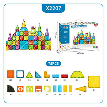 Manyetik Tiles Renkli 75 Parça Manyetik Yapı Magnetic Bloklar