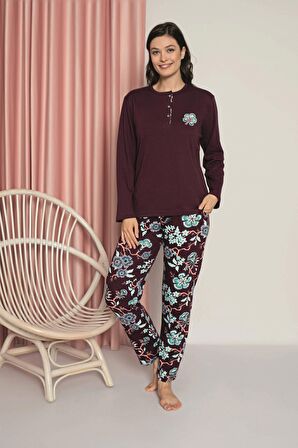 Kadın Pijama Takımı Anne İnterlok Alt Şal Desen Pamuklu Mevsimlik W30042259