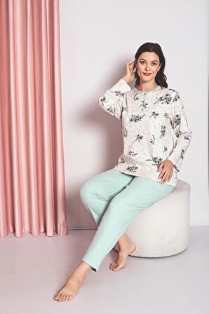 Kadın Pijama Takımı Anne İnterlok  Üç Düğmeli Üst Çiçek Desen Pamuklu Mevsimlik W30032258