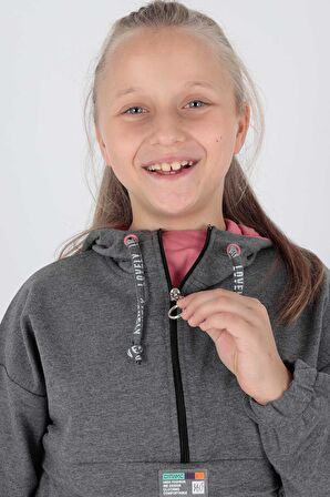 Kids Kız Kapşonlu Sweat Uzun Kollu Fermuarlı Sweatshirt Pamuklu Ak15260