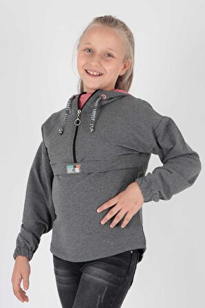 Kids Kız Kapşonlu Sweat Uzun Kollu Fermuarlı Sweatshirt Pamuklu Ak15260