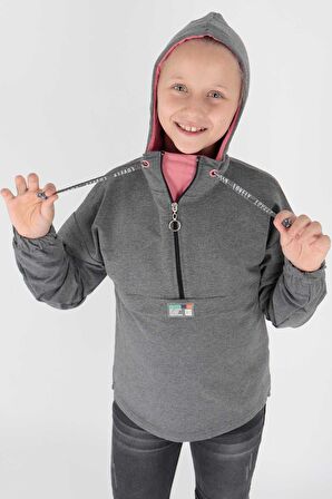 Kids Kız Kapşonlu Sweat Uzun Kollu Fermuarlı Sweatshirt Pamuklu Ak15260