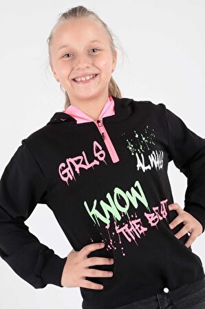 Kids Kız Always Baskılı Kapşonlu Sweat Uzun Kollu Kapşonlu Sweatshirt Pamuklu Ak722407