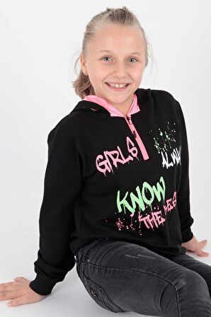 Kids Kız Always Baskılı Kapşonlu Sweat Uzun Kollu Kapşonlu Sweatshirt Pamuklu Ak722407