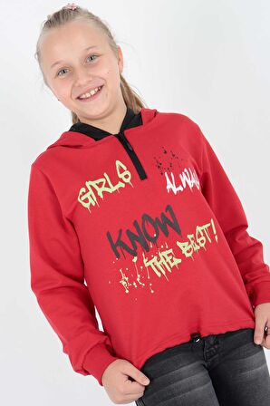 Kids Kız Always Baskılı Kapşonlu Sweat Uzun Kollu Kapşonlu Sweatshirt Pamuklu Ak722407