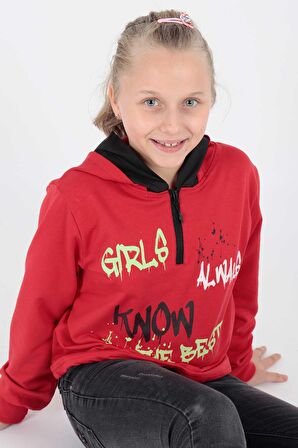 Kids Kız Always Baskılı Kapşonlu Sweat Uzun Kollu Kapşonlu Sweatshirt Pamuklu Ak722407