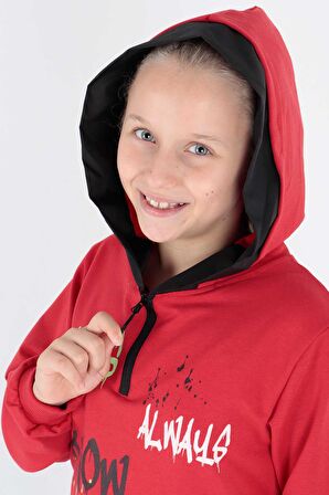 Kids Kız Always Baskılı Kapşonlu Sweat Uzun Kollu Kapşonlu Sweatshirt Pamuklu Ak722407