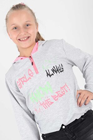 Kids Kız Always Baskılı Kapşonlu Sweat Uzun Kollu Kapşonlu Sweatshirt Pamuklu Ak722407