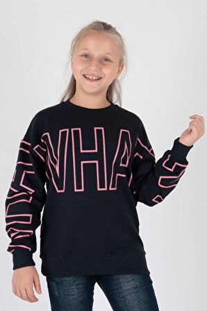 Kids Kız What Baskılı Sweat Uzun Kollu Sweatshirt Pamuklu Ak15153