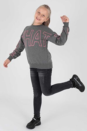 Kids Kız What Baskılı Sweat Uzun Kollu Sweatshirt Pamuklu Ak15153