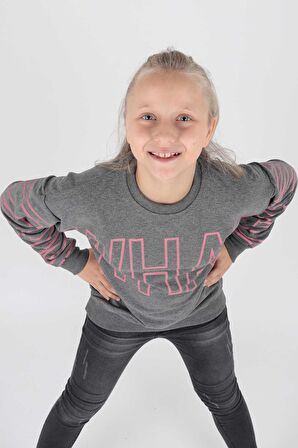 Kids Kız What Baskılı Sweat Uzun Kollu Sweatshirt Pamuklu Ak15153