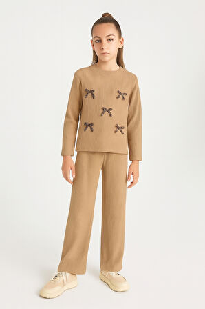 Kız Çocuk Waffle Kumaş Fiyonk Detaylı Alt Üst Takım Ak13586