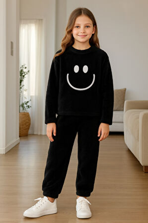 Kız - Erkek Çocuk Gülen Yüz Nakışlı Kışlık Peluş Takım Ak4006