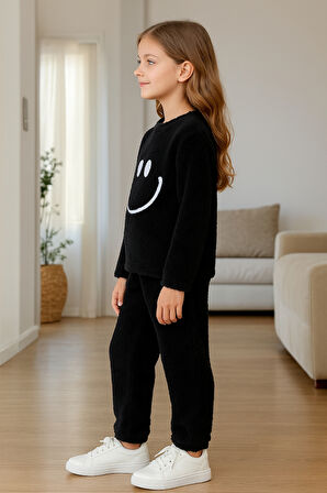 Kız - Erkek Çocuk Gülen Yüz Nakışlı Kışlık Peluş Takım Ak4006