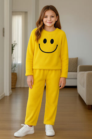 Kız - Erkek Çocuk Gülen Yüz Nakışlı Kışlık Peluş Takım Ak4006