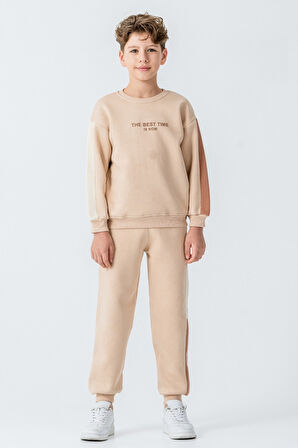 Erkek Çocuk The Best Tıme Is Now Baskılı 3 İplik Kalın Kışlık Eşofman Takımı Ak4230