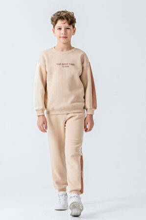 Erkek Çocuk The Best Tıme Is Now Baskılı 3 İplik Kalın Kışlık Eşofman Takımı Ak4230