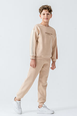 Erkek Çocuk The Best Tıme Is Now Baskılı 3 İplik Kalın Kışlık Eşofman Takımı Ak4230