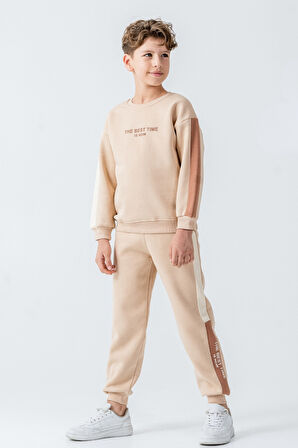 Erkek Çocuk The Best Tıme Is Now Baskılı 3 İplik Kalın Kışlık Eşofman Takımı Ak4230