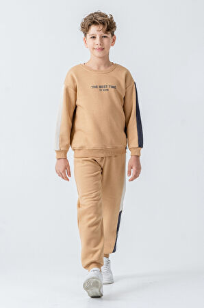 Erkek Çocuk The Best Tıme Is Now Baskılı 3 İplik Kalın Kışlık Eşofman Takımı Ak4230