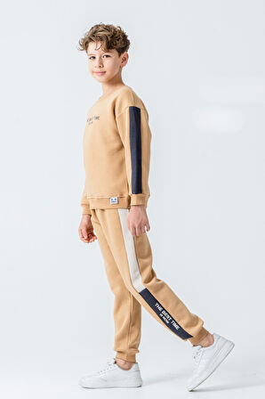 Erkek Çocuk The Best Tıme Is Now Baskılı 3 İplik Kalın Kışlık Eşofman Takımı Ak4230