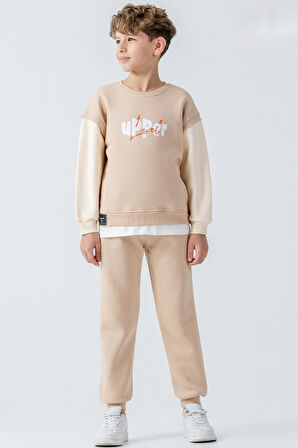 Erkek Çocuk Upper Baskılı 3 İplik Kalın Kışlık Eşofman Takımı Ak4231