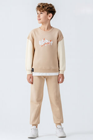 Erkek Çocuk Upper Baskılı 3 İplik Kalın Kışlık Eşofman Takımı Ak4231