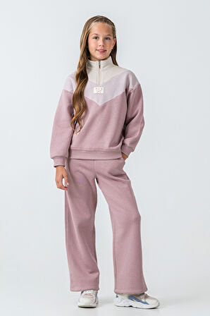 Kız Çocuk Kelebek Detaylı Yarım Fermuarlı 3 İplik Kalın Kışlık Eşofman Takımı Ak4233