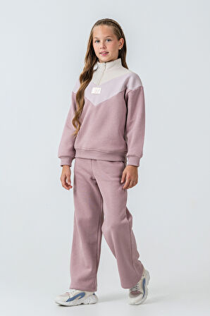 Kız Çocuk Kelebek Detaylı Yarım Fermuarlı 3 İplik Kalın Kışlık Eşofman Takımı Ak4233