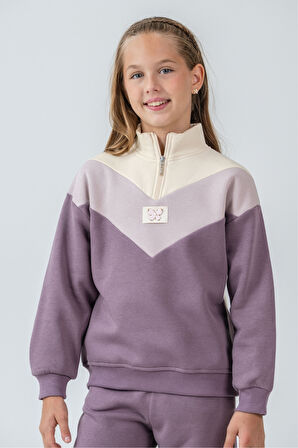 Kız Çocuk Kelebek Detaylı Yarım Fermuarlı 3 İplik Kalın Kışlık Eşofman Takımı Ak4233