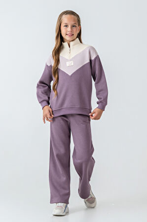 Kız Çocuk Kelebek Detaylı Yarım Fermuarlı 3 İplik Kalın Kışlık Eşofman Takımı Ak4233