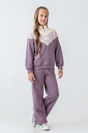 Kız Çocuk Kelebek Detaylı Yarım Fermuarlı 3 İplik Kalın Kışlık Eşofman Takımı Ak4233