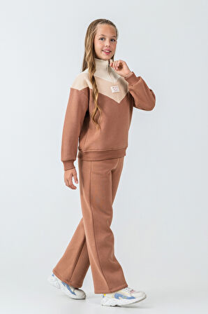 Kız Çocuk Kelebek Detaylı Yarım Fermuarlı 3 İplik Kalın Kışlık Eşofman Takımı Ak4233