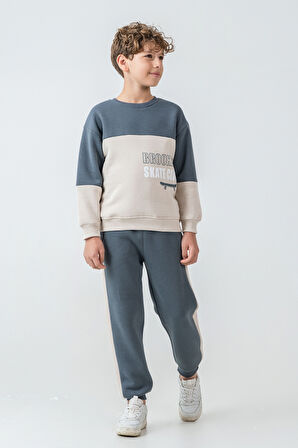 Erkek Çocuk Brooklyn Skat Clup Baskılı 3 İplik Kalın Kışlık Eşofman Takımı Ak4228