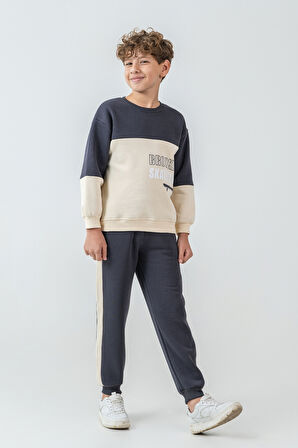 Erkek Çocuk Brooklyn Skat Clup Baskılı 3 İplik Kalın Kışlık Eşofman Takımı Ak4228