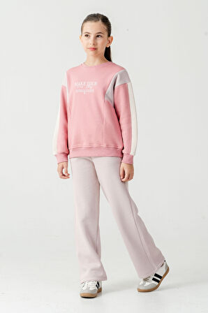 Kız Çocuk Make Your Baskılı 3 İplik Kalın Kışlık Eşofman Takımı Ak4227