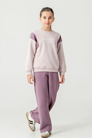 Kız Çocuk Make Your Baskılı 3 İplik Kalın Kışlık Eşofman Takımı Ak4227