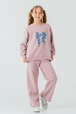 Kız Çocuk Fiyonk Nakışlı Taşlı 3 İplik Kalın Kışlık Eşofman Takımı Ak4222