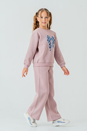 Kız Çocuk Fiyonk Nakışlı Taşlı 3 İplik Kalın Kışlık Eşofman Takımı Ak4222