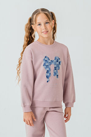 Kız Çocuk Fiyonk Nakışlı Taşlı 3 İplik Kalın Kışlık Eşofman Takımı Ak4222