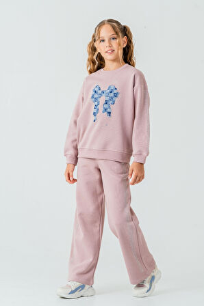 Kız Çocuk Fiyonk Nakışlı Taşlı 3 İplik Kalın Kışlık Eşofman Takımı Ak4222