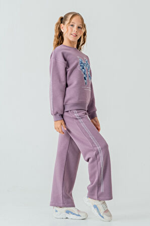 Kız Çocuk Fiyonk Nakışlı Taşlı 3 İplik Kalın Kışlık Eşofman Takımı Ak4222