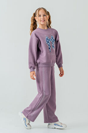 Kız Çocuk Fiyonk Nakışlı Taşlı 3 İplik Kalın Kışlık Eşofman Takımı Ak4222