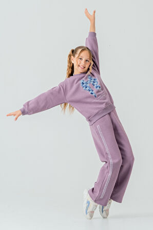 Kız Çocuk Fiyonk Nakışlı Taşlı 3 İplik Kalın Kışlık Eşofman Takımı Ak4222