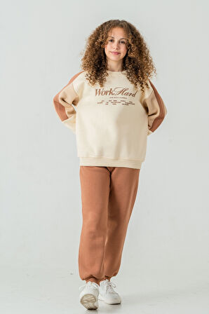 Kız Çocuk Work Hard Baskılı 3 İplik Kalın Kışlık Eşofman Takımı Ak4220